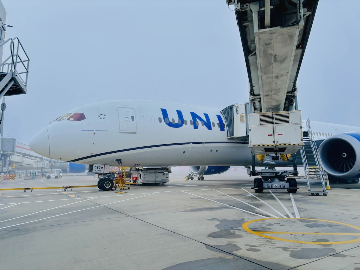 UAL231 787 at LHR Gate R3 Fog